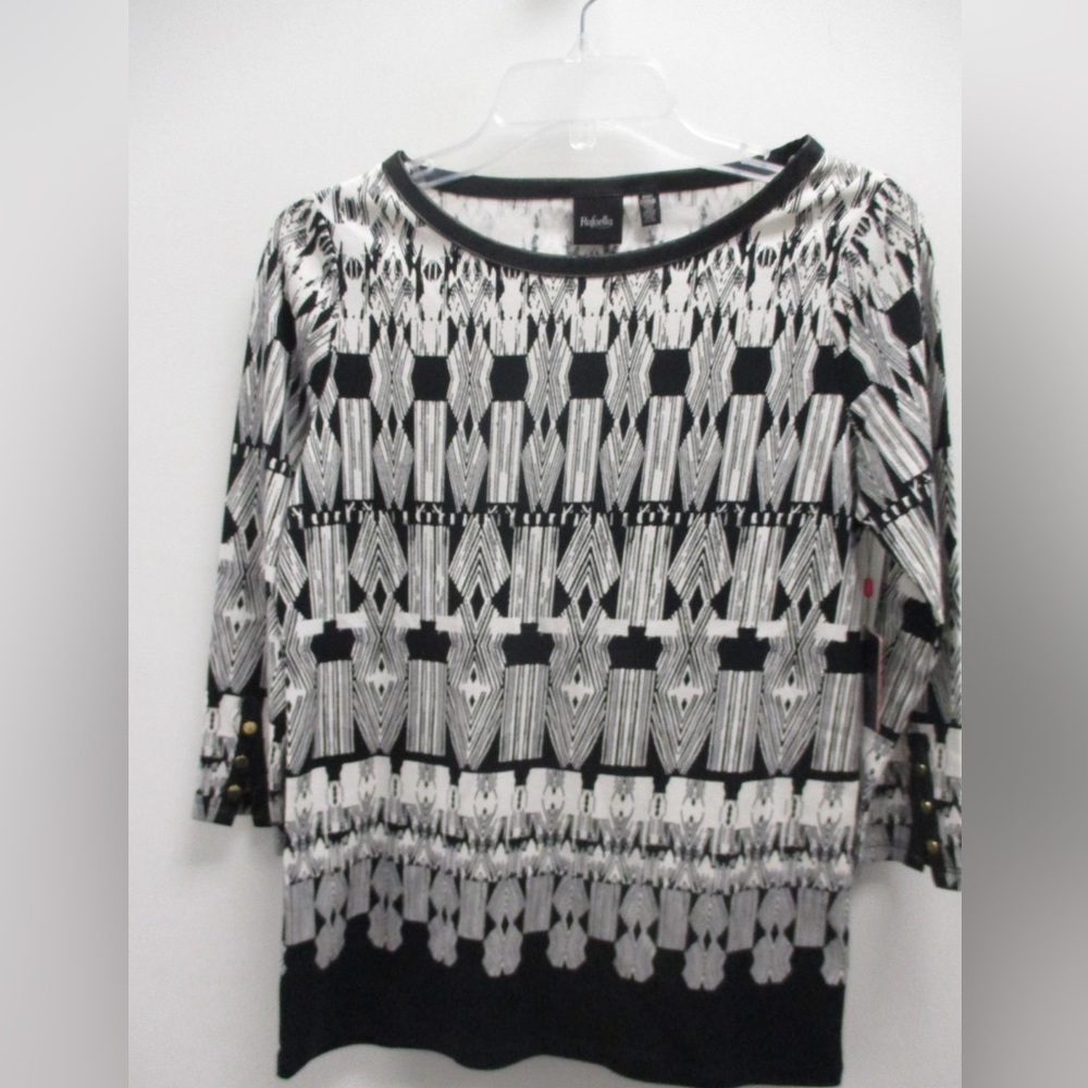 Rafaella Women's Tunic Top Geometric Print Black White Faux Leather Trim Large